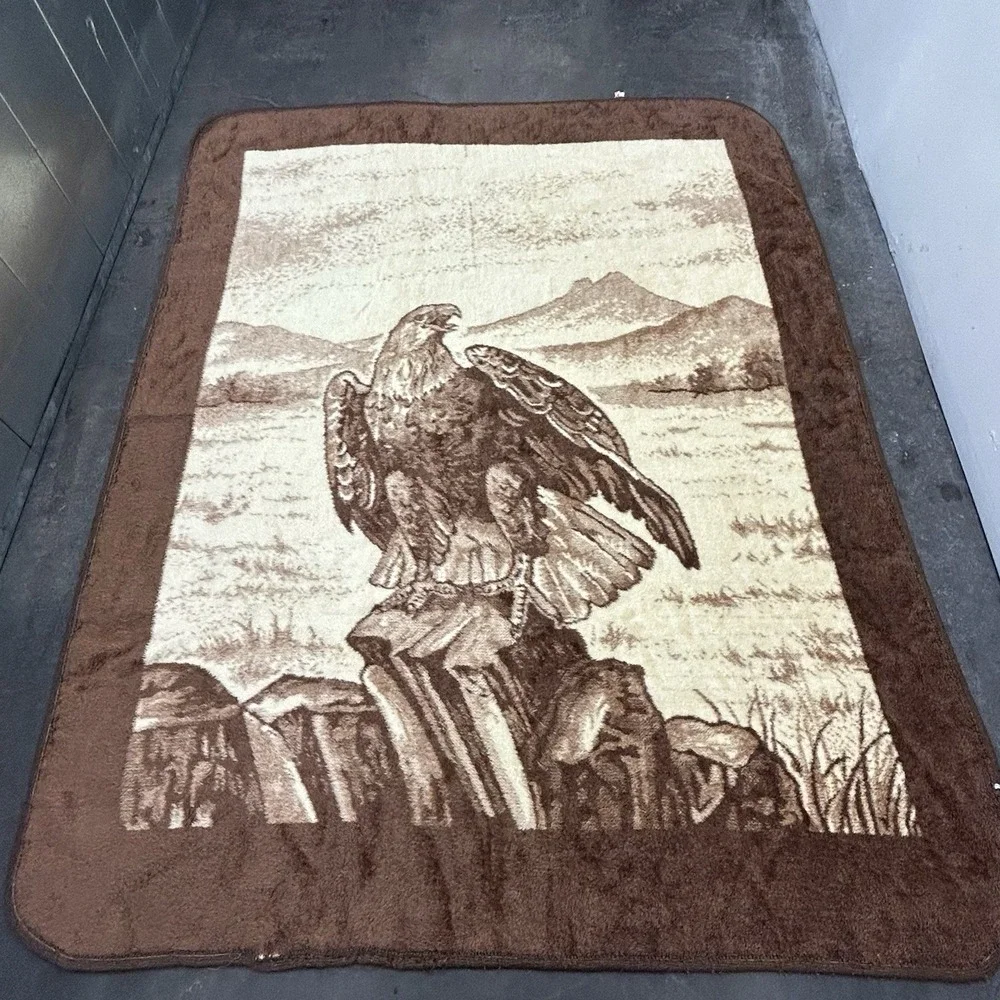 Vintage San Marcos Blanket Bald Eagle Perched Reversible Brown W:71 L:91